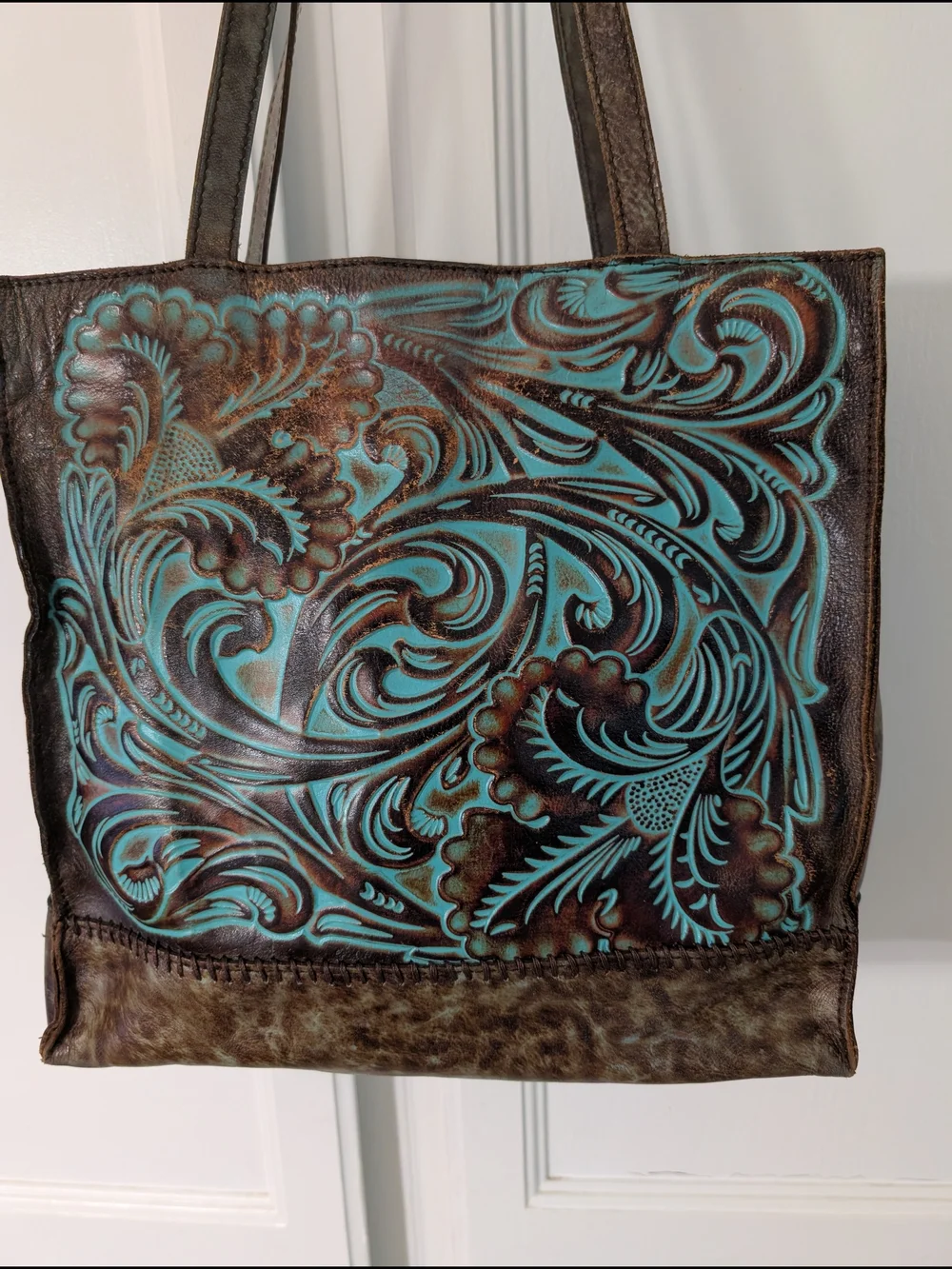 Patricia Nash Turquoise Floral Tooled Leather Tote Bag 12 1/2